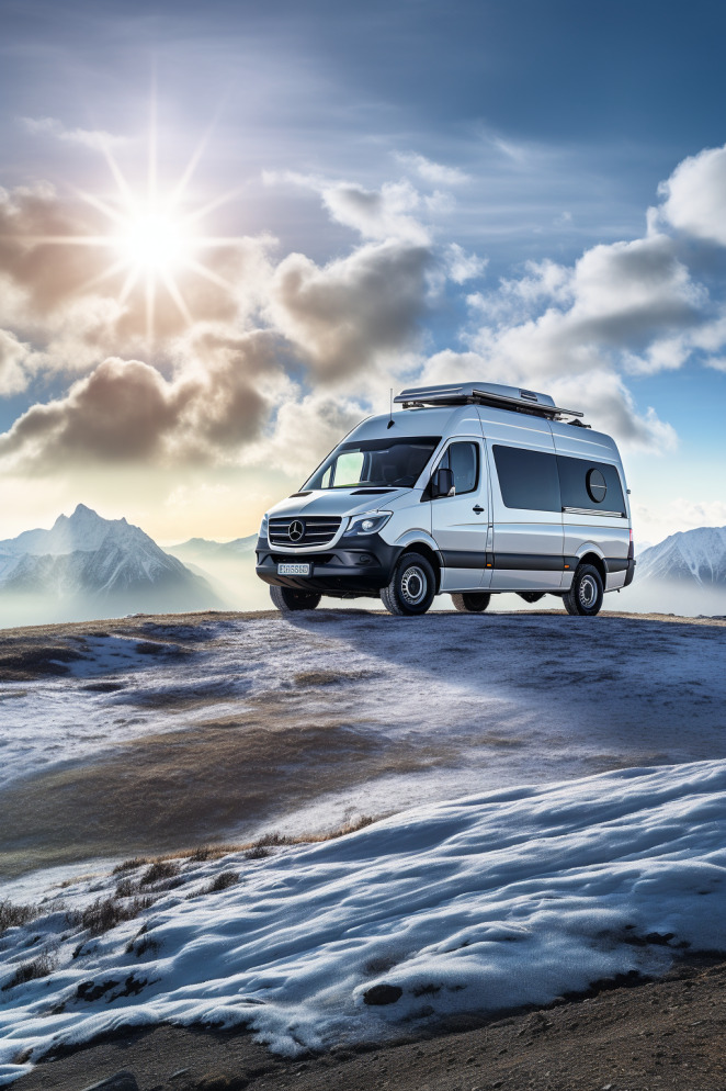 Mercedes Sprinter Camper Van on the Top of the Mountain
