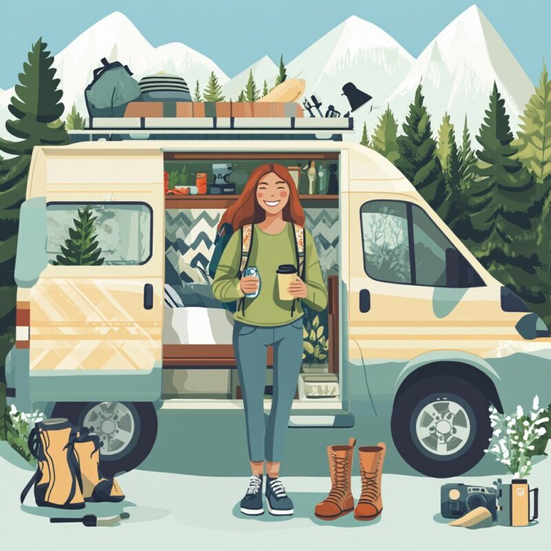 Illustrated camper van with open door and cozy interior, surrounded by nature, representing the lifestyle of a van lifer—minimalist, mobile, and adventurous.