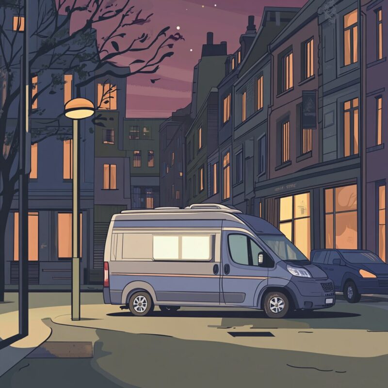 Illustration of a camper van parked discreetly on a quiet urban street at night, representing stealth camping—camping without attracting attention.