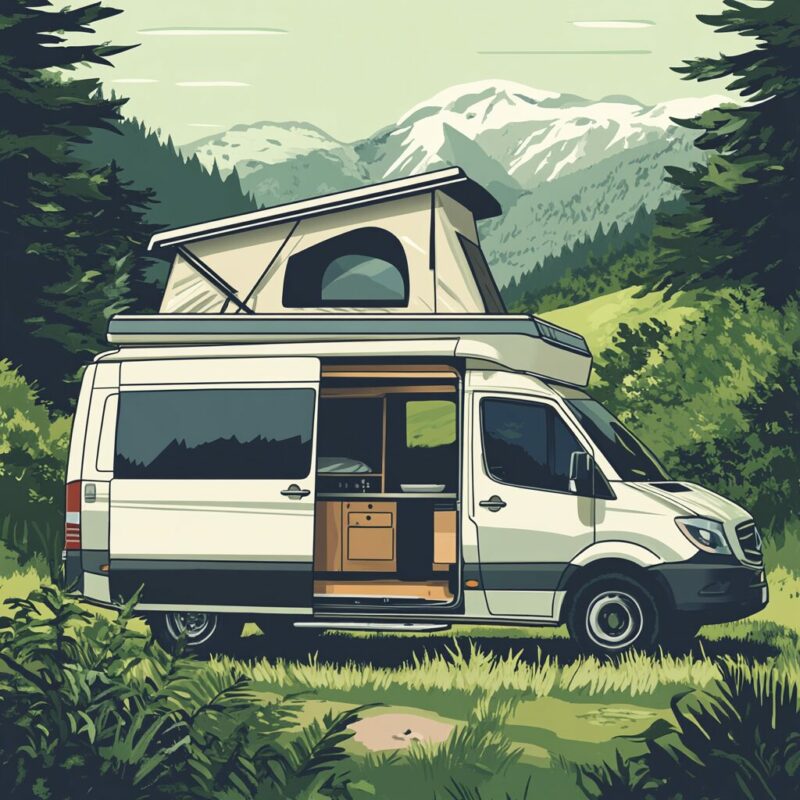 Illustration of a camper van with an extended pop top roof parked outdoors, showing added interior space for sleeping or standing.