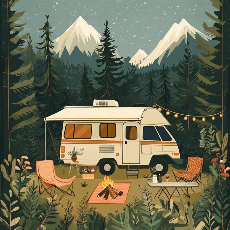 Illustration of a camper RV parked at a scenic campsite with camping gear and cozy outdoor setup, representing travel, camping, and temporary living.