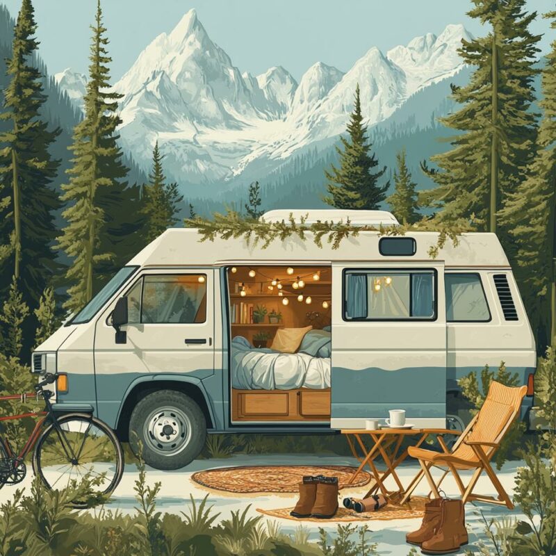 Illustrated camper van parked in nature with open door showing a cozy interior, symbolizing the minimalist and mobile lifestyle of van life.