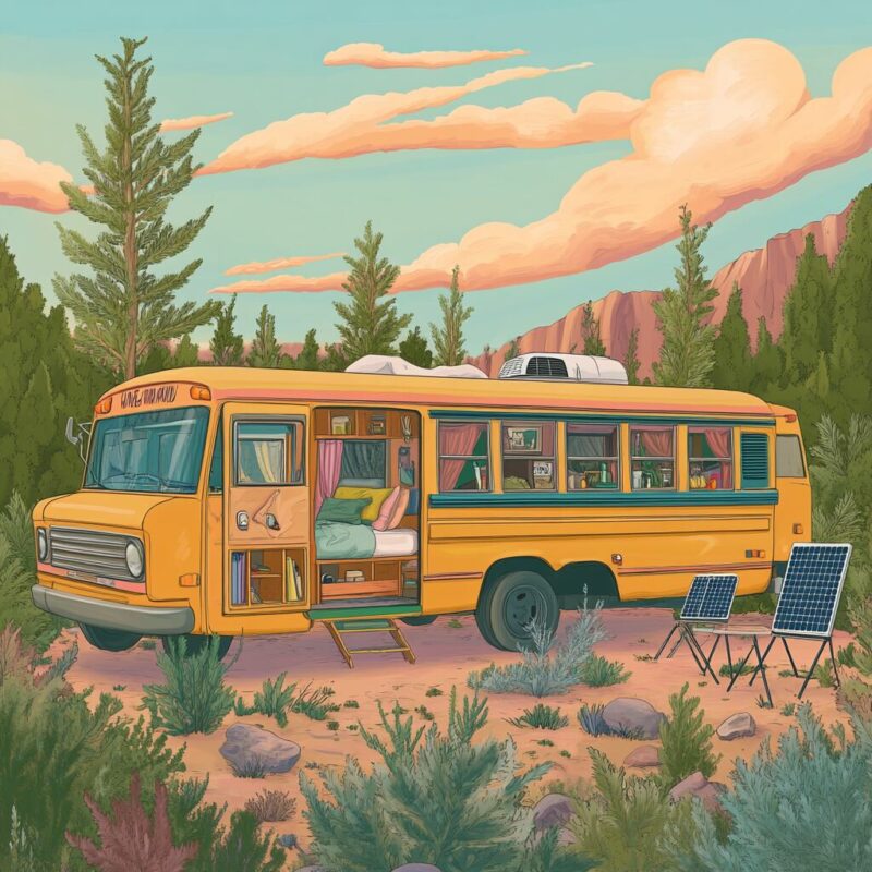 Illustration of a skoolie—converted school bus—parked in nature with a cozy, customized interior, representing a mobile tiny home lifestyle.