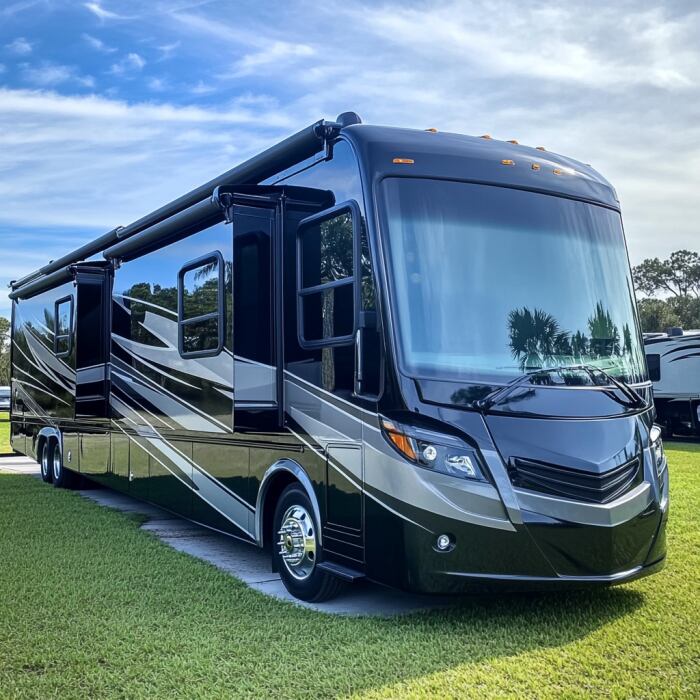 Black Class A RV exterior