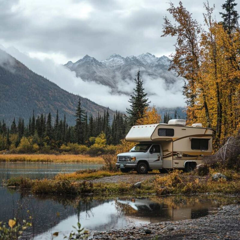 Boondocking motorhome near the lake