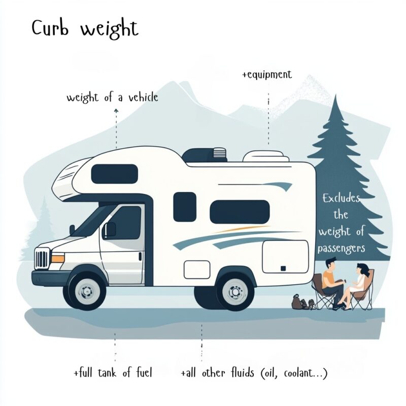 Illustration showing the curb weight of an RV with full fuel and fluids but no passengers or cargo, used to explain RV weight terminology.