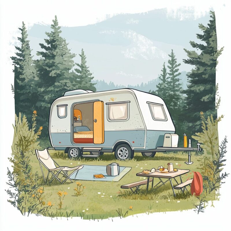 Illustration of a caravan trailer hitched to a car, set in a scenic campsite with outdoor gear, representing a mobile living space for camping and travel.