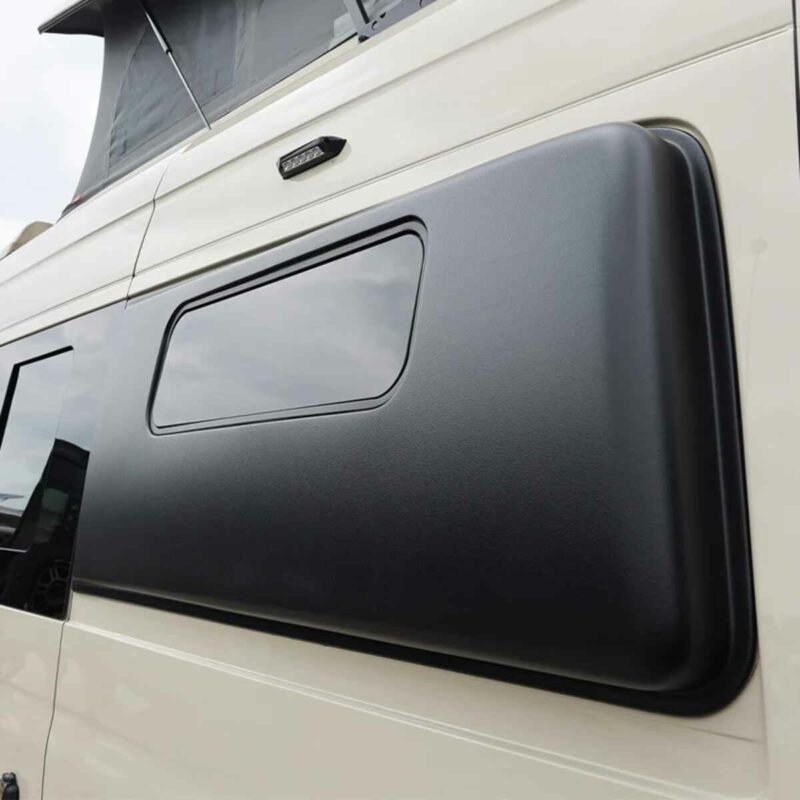 Black Flarespace flare on side of van to increase width for sleeping