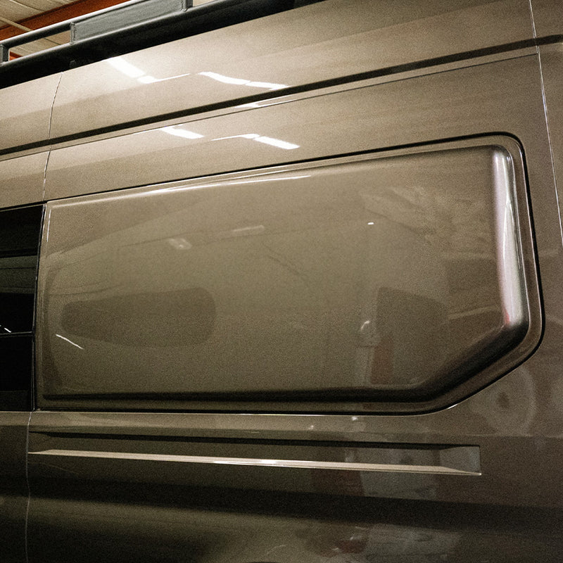Grey Flarespace flare extending van width for sideways bed setup
