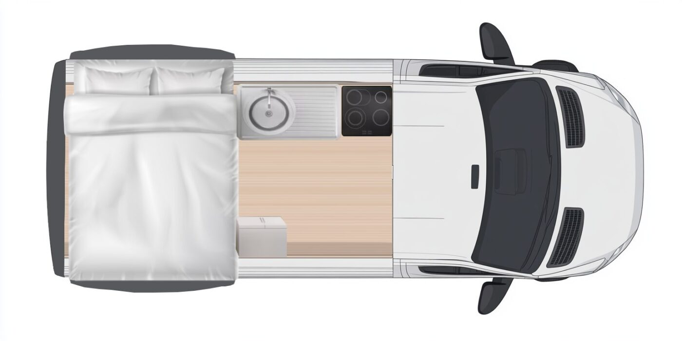 A wide bed positioned across the width of a camper van's interior. The van's side walls show distinct "flare" or "pop-out" extensions, allowing ample room for a person to sleep comfortably sideways. The interior is well-lit and appears spacious.