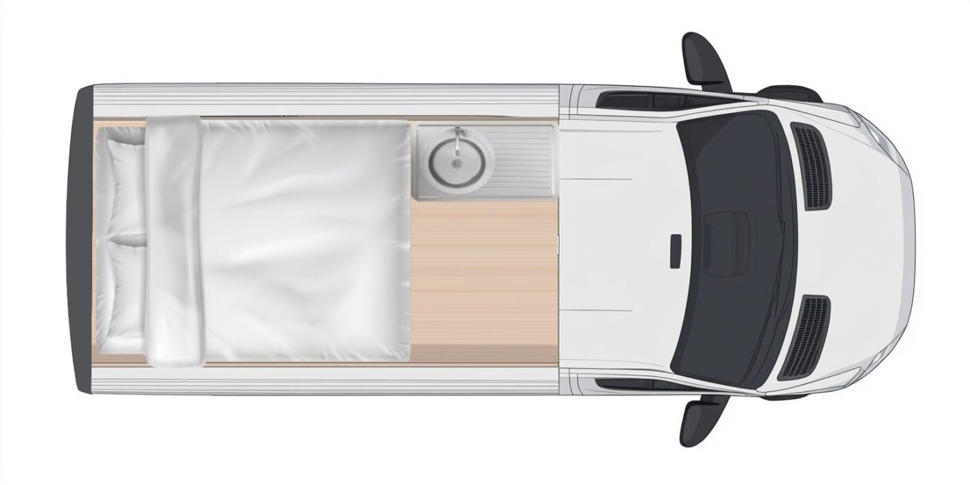 A narrow bed positioned lengthwise (front to back) inside a standard camper van. The van's interior walls are flat, showing no extensions, illustrating the limited width that necessitates a longer bed setup, consuming more floor space.